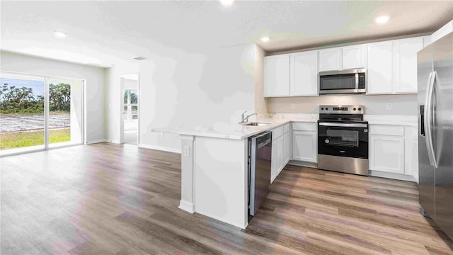 12039 Lansing Gln, Parrish, FL 34219 - kitchen featuring stainless steel appliances, a peninsula, wood finished floors, recessed lighting, and a textured ceiling