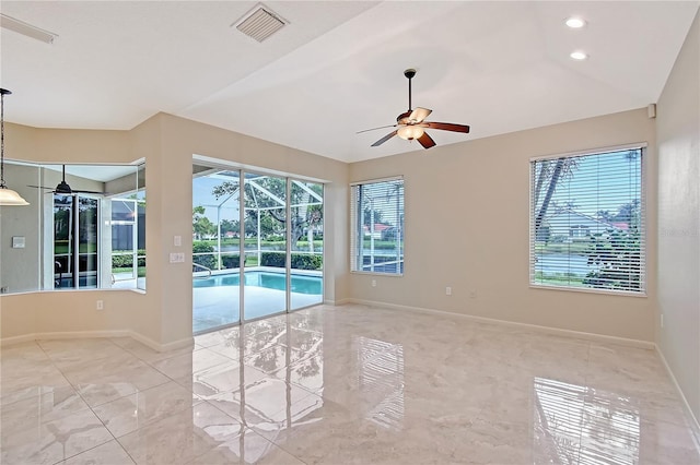 5080 Timber Chase Way, Sarasota, FL 34238 - tiled empty room featuring lofted ceiling, a ceiling fan, a sunroom, and recessed lighting