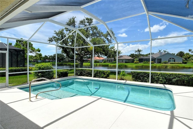 5080 Timber Chase Way, Sarasota, FL 34238 - outdoor pool featuring a water view, a patio area, and glass enclosure