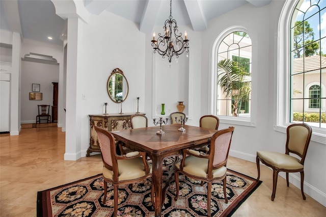 550 Dove Pointe, Osprey, FL 34229 - dining space with a chandelier, plenty of natural light, beamed ceiling, arched walkways, and recessed lighting