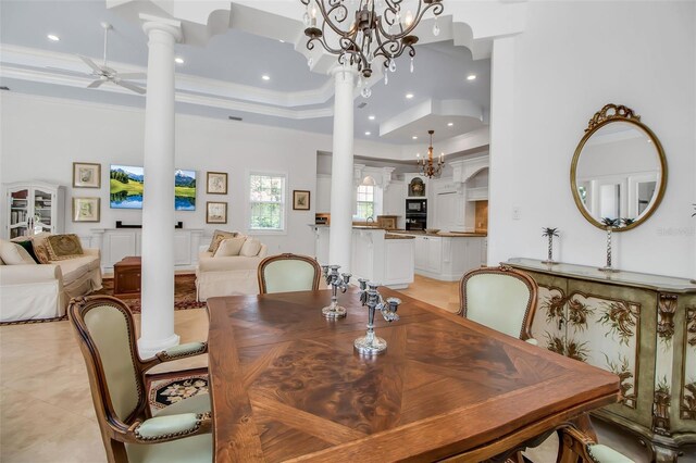 550 Dove Pointe, Osprey, FL 34229 - dining space featuring decorative columns, ornamental molding, a chandelier, recessed lighting, and ceiling fan