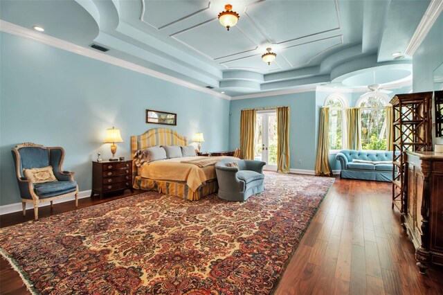 550 Dove Pointe, Osprey, FL 34229 - bedroom featuring coffered ceiling, dark wood finished floors, ornamental molding, and access to outside