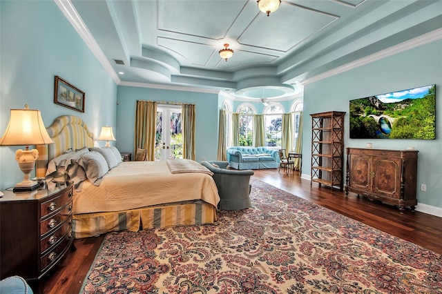 550 Dove Pointe, Osprey, FL 34229 - bedroom with dark wood-type flooring, coffered ceiling, crown molding, french doors, and access to exterior