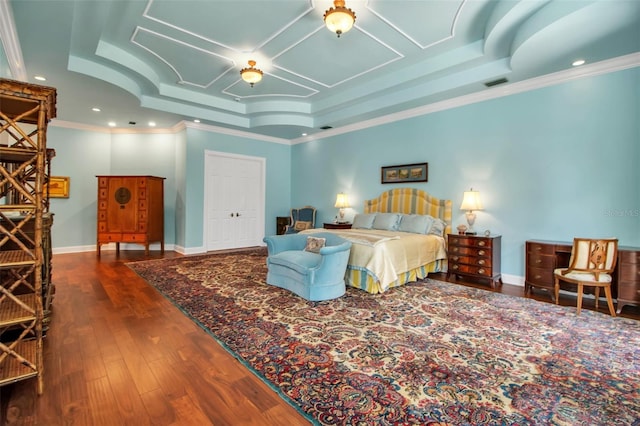550 Dove Pointe, Osprey, FL 34229 - bedroom featuring a raised ceiling, ornamental molding, wood finished floors, and recessed lighting
