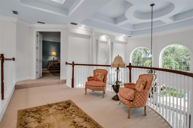 550 Dove Pointe, Osprey, FL 34229 - living area with coffered ceiling, carpet, ornamental molding, recessed lighting, and beamed ceiling