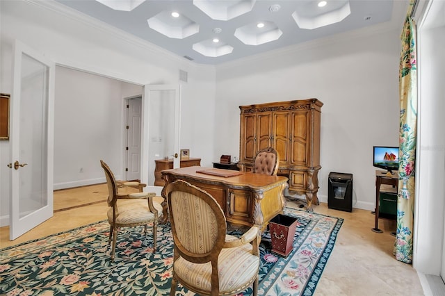 550 Dove Pointe, Osprey, FL 34229 - home office with coffered ceiling, ornamental molding, recessed lighting, french doors, and beam ceiling