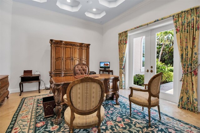 550 Dove Pointe, Osprey, FL 34229 - home office with ornamental molding, recessed lighting, and coffered ceiling