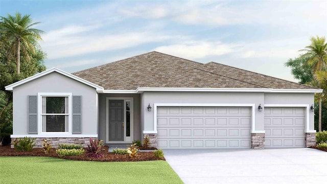 16022 10th Ave E, Bradenton, FL 34212 - ranch-style house with stone siding, a shingled roof, a garage, and concrete driveway