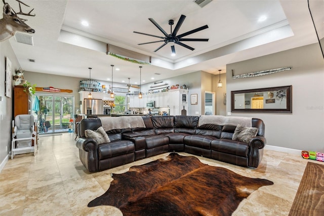 15780 Wilson Rd, Sarasota, FL 34240 - living room featuring ceiling fan, a raised ceiling, crown molding, and recessed lighting