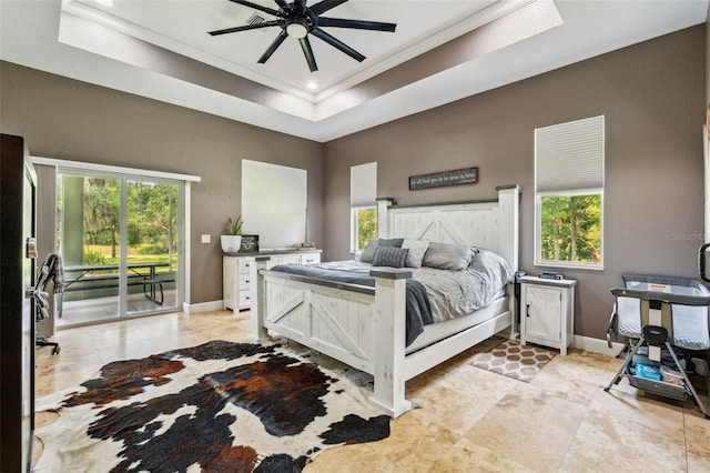 15780 Wilson Rd, Sarasota, FL 34240 - bedroom with access to exterior, ornamental molding, a raised ceiling, multiple windows, and recessed lighting
