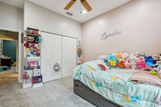 15780 Wilson Rd, Sarasota, FL 34240 - bedroom featuring a closet, carpet floors, and a ceiling fan