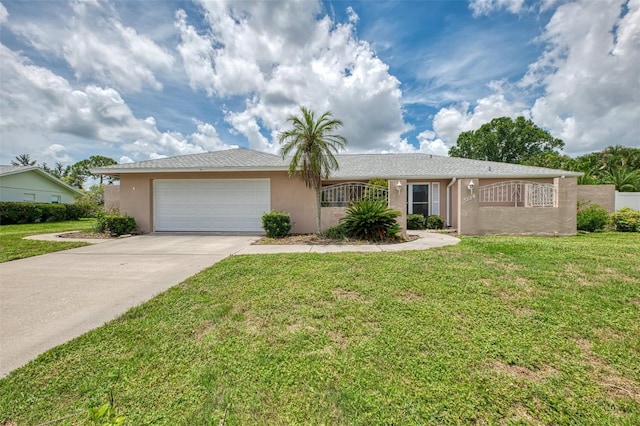 5124 Palm Aire Dr, Sarasota, FL 34243 - ranch-style house with an attached garage, driveway, stucco siding, and a front lawn