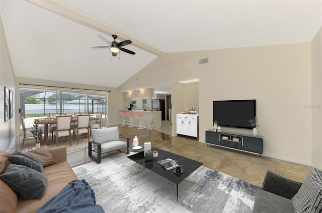5124 Palm Aire Dr, Sarasota, FL 34243 - living room featuring high vaulted ceiling, beam ceiling, and ceiling fan