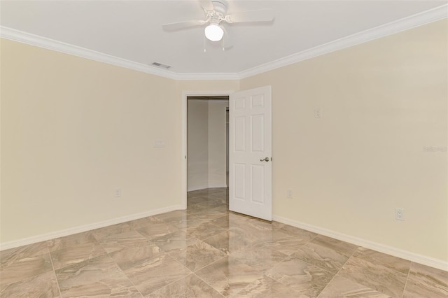 5124 Palm Aire Dr, Sarasota, FL 34243 - unfurnished room with ornamental molding, a ceiling fan, and light marble finish flooring