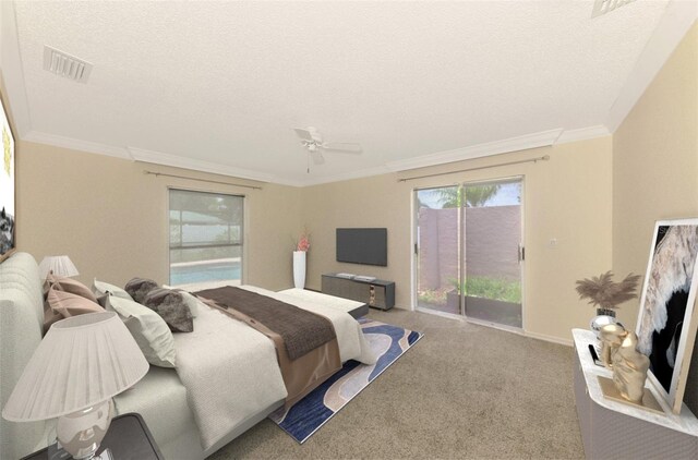5124 Palm Aire Dr, Sarasota, FL 34243 - carpeted bedroom with access to exterior, crown molding, a textured ceiling, and ceiling fan