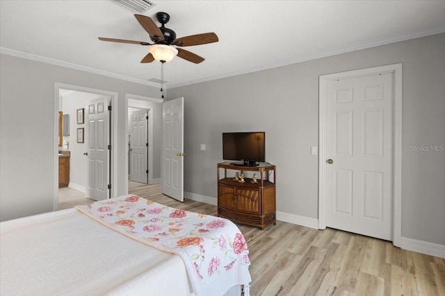 11839 Shrewsbury Ln, Parrish, FL 34219 - bedroom featuring light wood-type flooring, ornamental molding, a ceiling fan, and ensuite bath