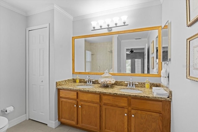 11839 Shrewsbury Ln, Parrish, FL 34219 - full bath with double vanity, a shower stall, a closet, tile patterned floors, and crown molding