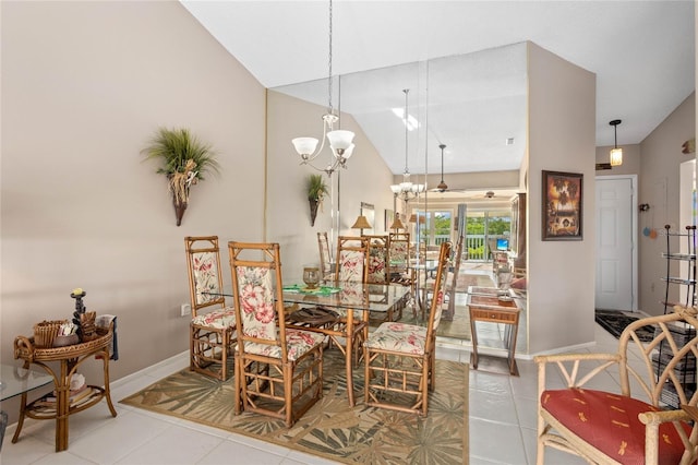 805 Waterside Ln, Bradenton, FL 34209 - tiled dining area with a chandelier and high vaulted ceiling