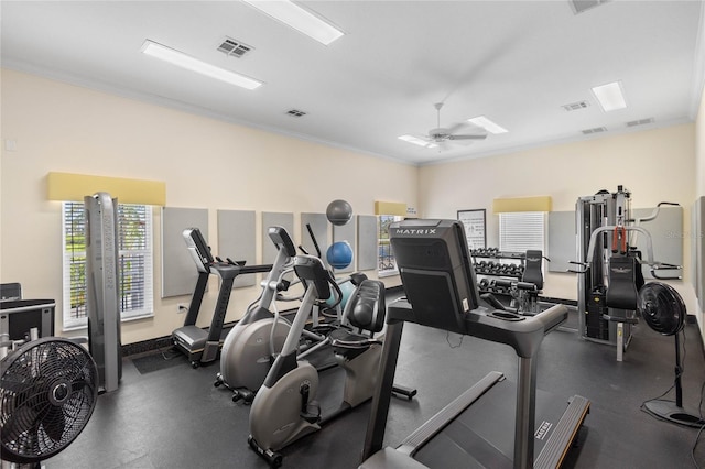 805 Waterside Ln, Bradenton, FL 34209 - workout area with ornamental molding and a ceiling fan