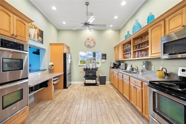 805 Waterside Ln, Bradenton, FL 34209 - kitchen featuring stainless steel appliances, open shelves, a ceiling fan, light wood-style flooring, and crown molding