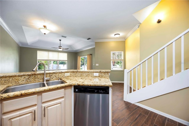 1801 Highland Rd, Osprey, FL 34229 - kitchen with stainless steel dishwasher, ornamental molding, dark wood-type flooring, a ceiling fan, and light stone countertops