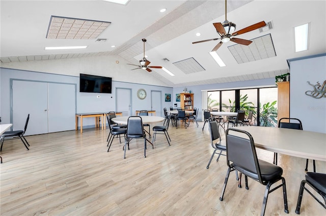 21405 Olean Blvd Unit 224, Port Charlotte, FL 33952 - dining room featuring high vaulted ceiling, ceiling fan, light wood-type flooring, recessed lighting, and beam ceiling