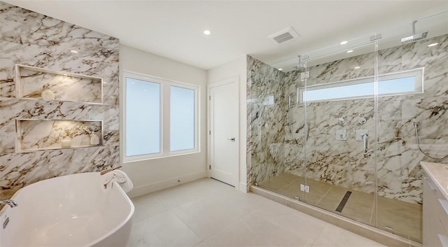 2590 Floyd St, Sarasota, FL 34239 - bathroom with a marble finish shower, a soaking tub, and recessed lighting