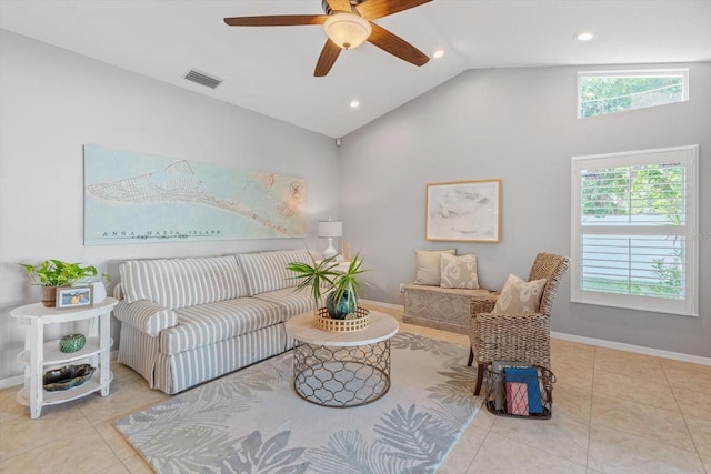 5206 19th Ave W, Bradenton, FL 34209 - living room with a ceiling fan, high vaulted ceiling, recessed lighting, and tile patterned floors