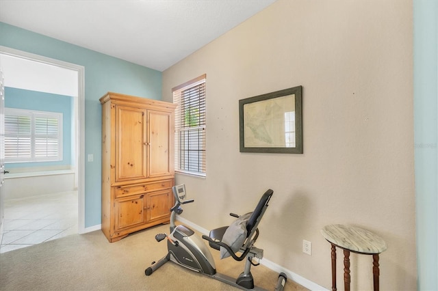 6312 41st Ct E, Sarasota, FL 34243 - workout area featuring light carpet and light tile patterned flooring
