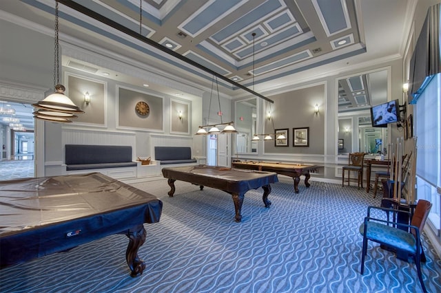 6312 41st Ct E, Sarasota, FL 34243 - playroom with billiards, a decorative wall, crown molding, and carpet flooring