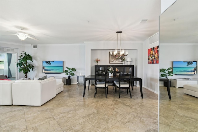 5916 Wake Forest Run Unit 101, Bradenton, FL 34211 - living room featuring a chandelier, ceiling fan, and ornamental molding