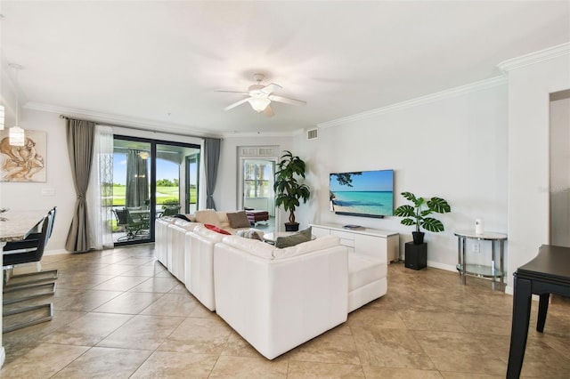 5916 Wake Forest Run Unit 101, Bradenton, FL 34211 - living room with ornamental molding and a ceiling fan