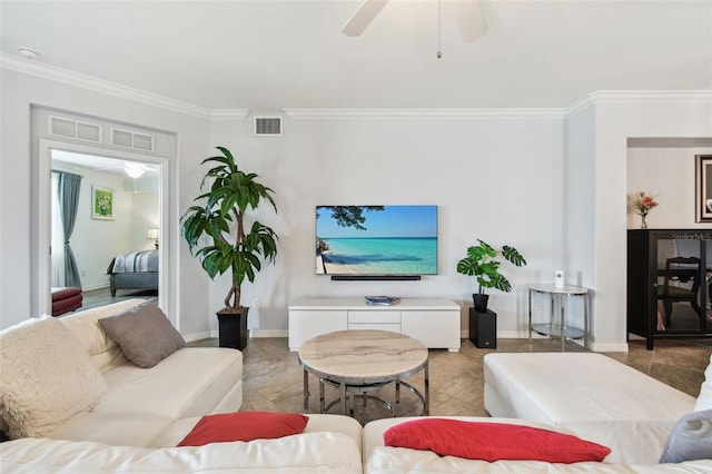 5916 Wake Forest Run Unit 101, Bradenton, FL 34211 - living room featuring crown molding and a ceiling fan