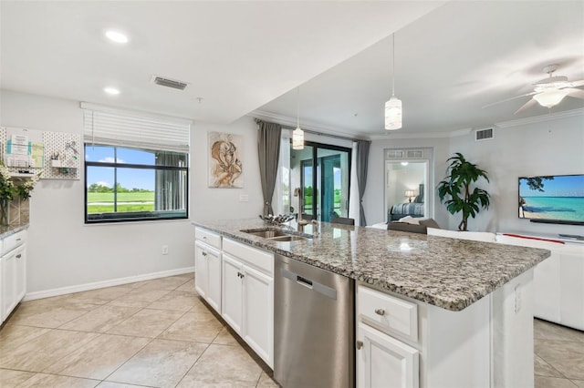 5916 Wake Forest Run Unit 101, Bradenton, FL 34211 - kitchen featuring dishwasher, crown molding, white cabinets, light stone countertops, and decorative light fixtures