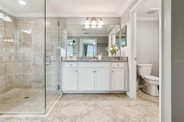 5916 Wake Forest Run Unit 101, Bradenton, FL 34211 - full bath featuring crown molding, vanity, a stall shower, and a chandelier