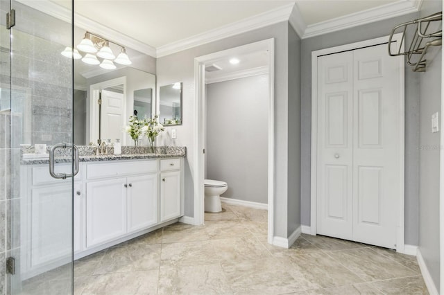 5916 Wake Forest Run Unit 101, Bradenton, FL 34211 - full bathroom featuring vanity, a closet, a stall shower, and crown molding