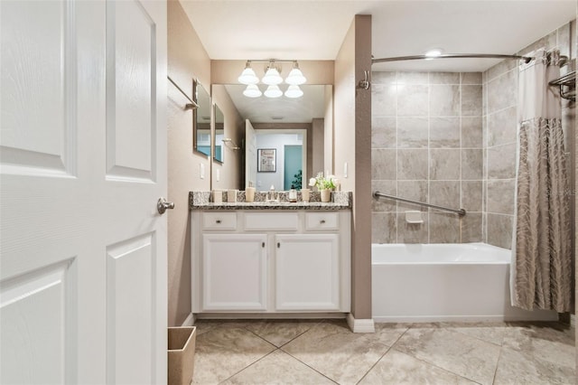 5916 Wake Forest Run Unit 101, Bradenton, FL 34211 - bathroom with shower / bathtub combination with curtain, vanity, and tile patterned flooring
