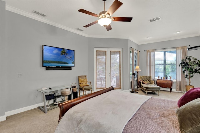 17426 Tailfeather Ct, Clermont, FL 34711 - bedroom with light colored carpet, access to outside, ornamental molding, and a ceiling fan