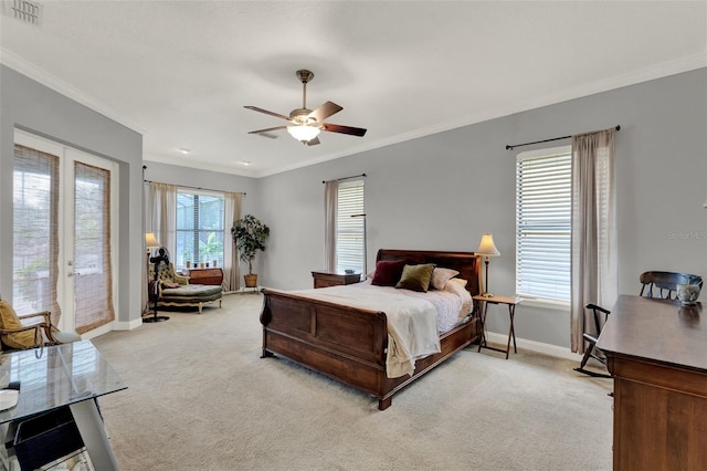 17426 Tailfeather Ct, Clermont, FL 34711 - bedroom with ornamental molding, access to exterior, light carpet, and a ceiling fan