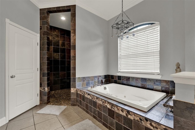 17426 Tailfeather Ct, Clermont, FL 34711 - bathroom featuring ornamental molding, a tub with jets, walk in shower, and tile patterned flooring