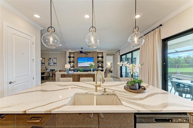 4915 Kiva Cir, Bradenton, FL 34211 - kitchen with ornamental molding, stainless steel dishwasher, decorative light fixtures, a kitchen island with sink, and open floor plan