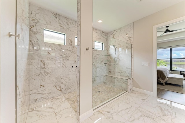 4915 Kiva Cir, Bradenton, FL 34211 - bathroom featuring a marble finish shower, connected bathroom, marble finish flooring, and a ceiling fan