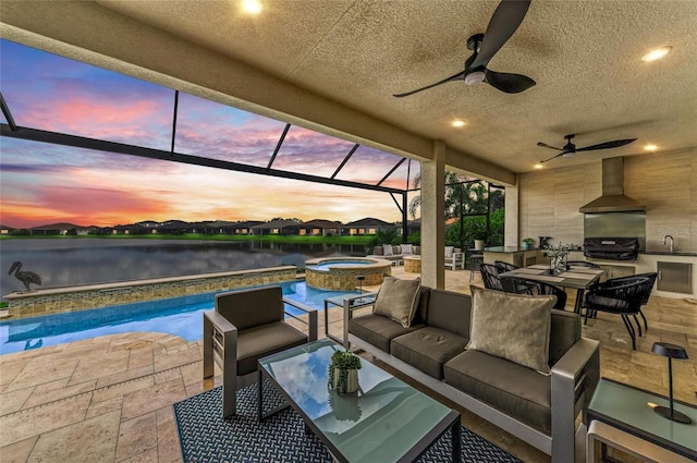 4915 Kiva Cir, Bradenton, FL 34211 - view of patio with a water view, outdoor lounge area, a ceiling fan, a lanai, and area for grilling