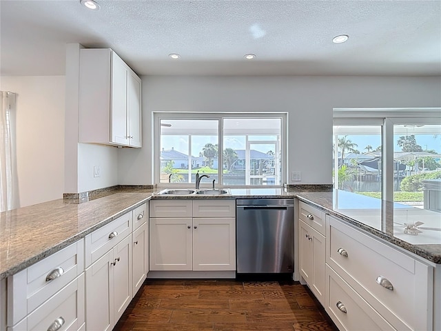 6341 Cocoa Ln, Apollo Beach, FL 33572 - kitchen featuring dishwasher, recessed lighting, a peninsula, white cabinets, and dark wood-type flooring