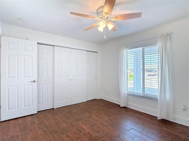 6341 Cocoa Ln, Apollo Beach, FL 33572 - unfurnished bedroom featuring dark wood-type flooring, a closet, and ceiling fan