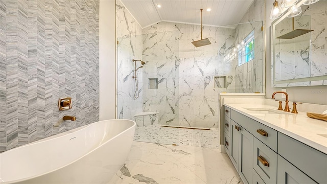 8006 20th Pl W, Bradenton, FL 34209 - bathroom with double vanity, a freestanding tub, recessed lighting, a marble finish shower, and marble tiled flooring