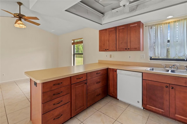 4805 Cypress Lake Ct, Sarasota, FL 34243 - kitchen featuring dishwasher, light tile patterned floors, a peninsula, light countertops, and ceiling fan