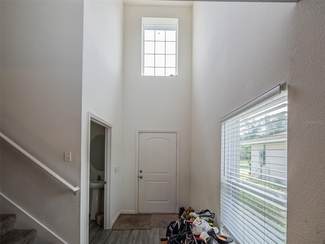 938 Mansfield Rd, Tavares, FL 32778 - foyer entrance with a high ceiling, wood finished floors, and stairs