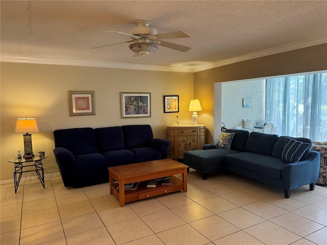 3810 75th St W Unit 137, Bradenton, FL 34209 - living area with light tile patterned flooring, a ceiling fan, a textured ceiling, and ornamental molding