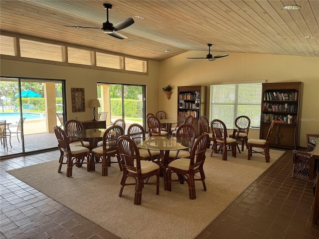 3810 75th St W Unit 137, Bradenton, FL 34209 - dining area featuring ceiling fan, wood ceiling, and lofted ceiling